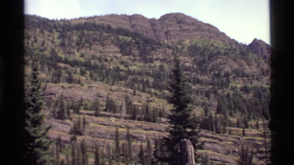 1972 Holland Lake, Montana frame showing a steep forested slope, rocky upper ridge, and a foreground evergreen at the lower edge.