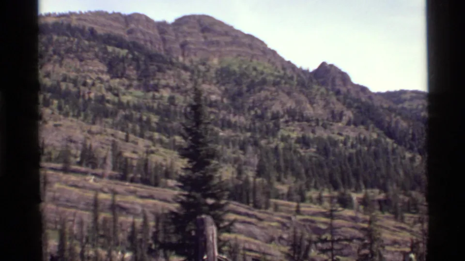 A 1972 Holland Lake, Montana landscape view shows conifers scattered across a rugged sunlit slope.