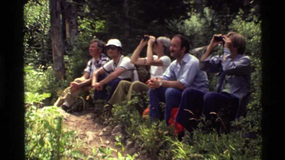 The group remains seated along the Holland Lake forest trail, with binoculars and summer clothing visible in the dappled light.