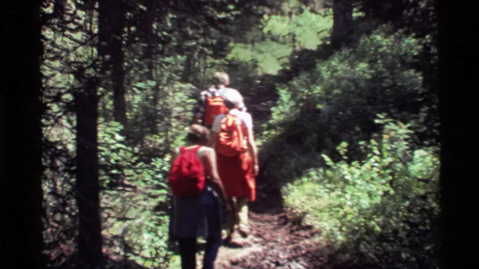 Holland Lake, Montana home-movie frame of three backpacked hikers walking away through a shaded pine trail.