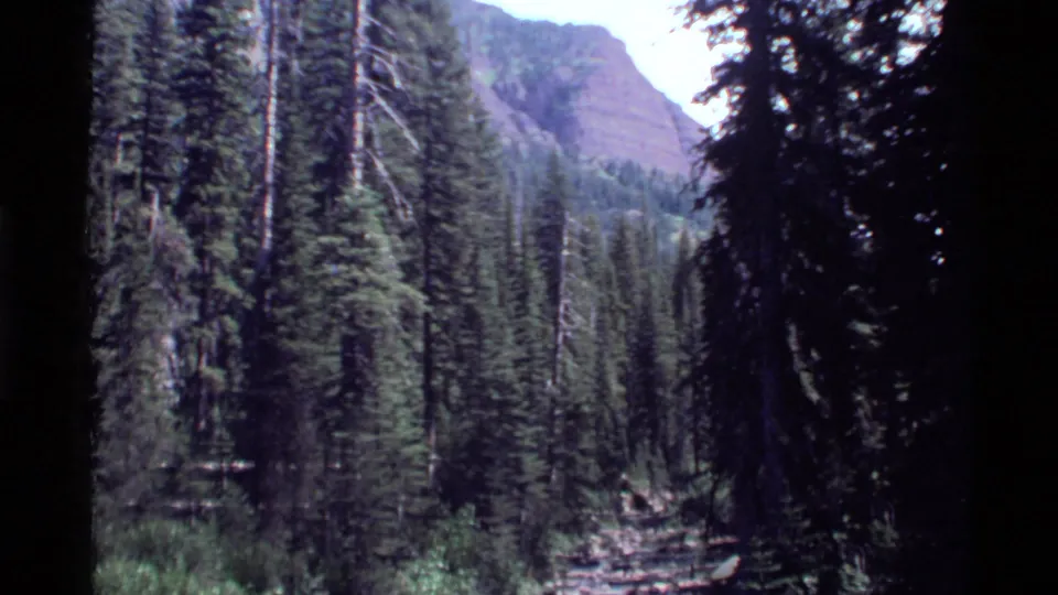 1972 Holland Lake, Montana home-movie frame showing dense conifers, a mountain slope, and dark 8mm frame edges.