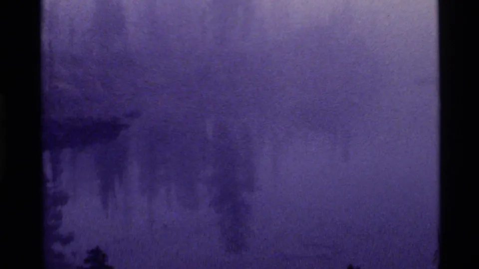 Purple-tinted 8mm frame of Holland Lake, Montana, where fog obscures the far shore and trees appear as soft silhouettes.