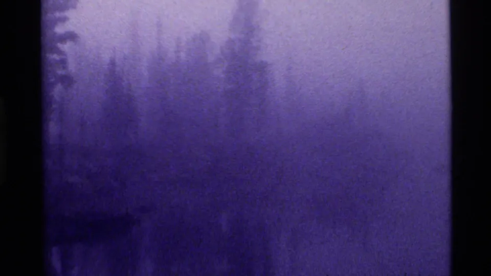 Misty forest silhouettes appear through dense purple-blue haze in 1972 8mm footage identified as Holland Lake, Montana.