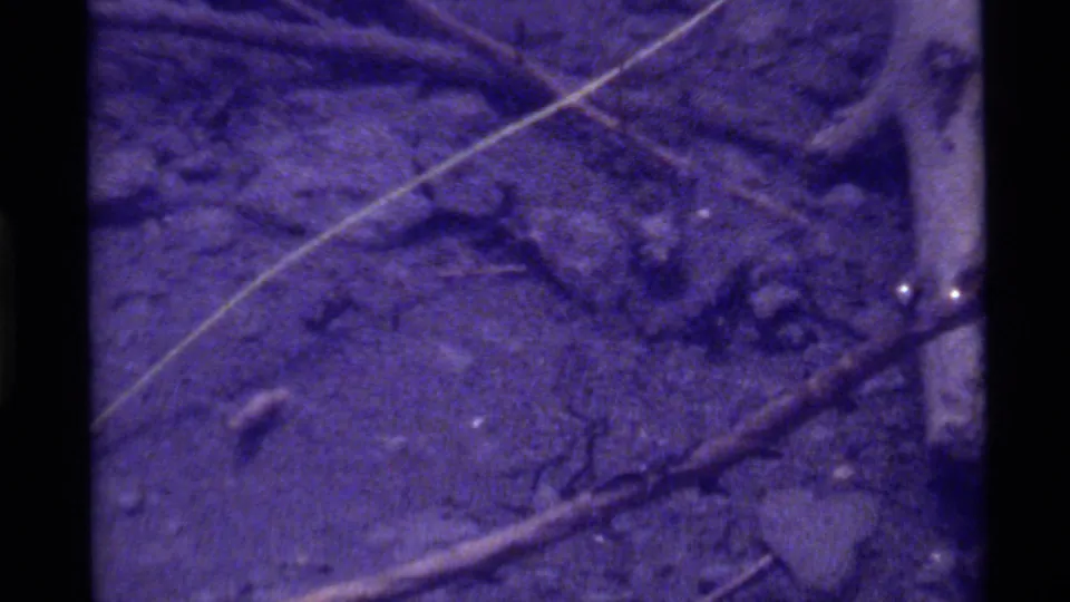 1972 8mm Holland Lake underwater view showing crossed twigs, uneven sediment, and a small curved object that may be organic debris.