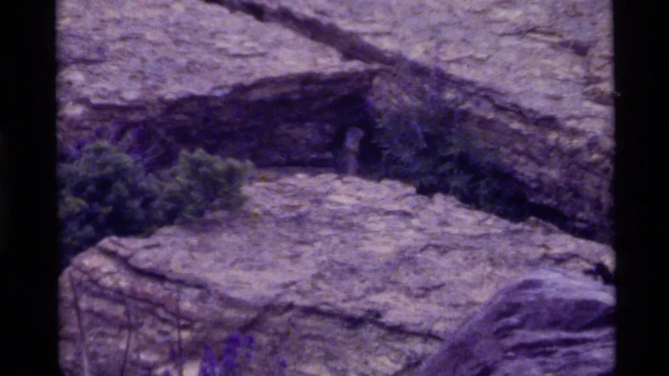 1972 Holland Lake 8mm frame showing rough rock, scrub growth, and a dark central obstruction or film edge.