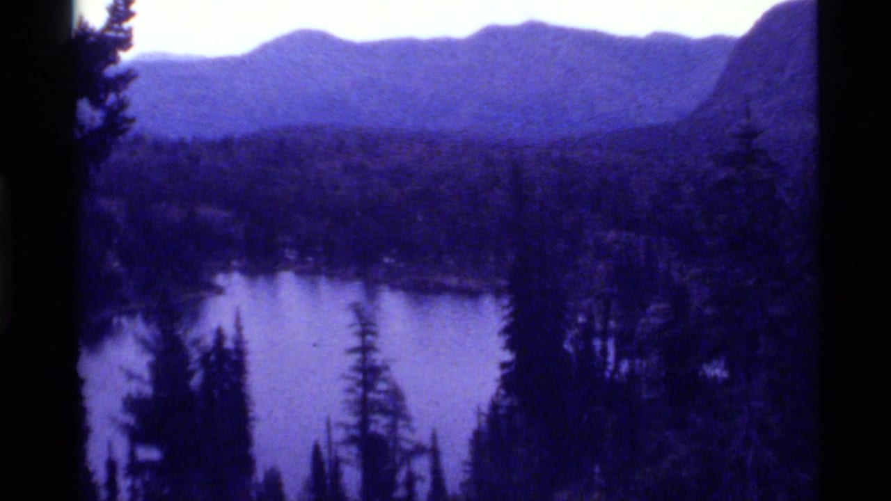 Purple-tinted view of a lake below forested mountains with dark film borders.