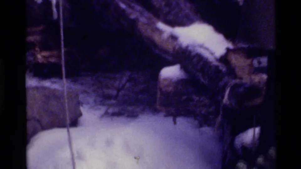 1972 Holland Lake 8mm frame showing snow, branches, vertical posts, and a partially obscured dark form in a wooded winter setting.