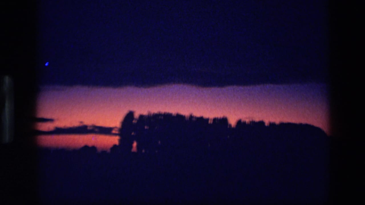 1972 Idaho 8mm frame with silhouetted trees across the horizon under a deep purple evening sky.