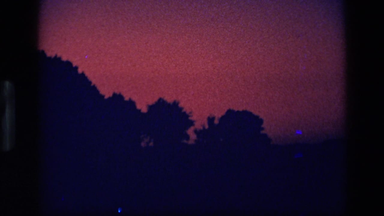 1972 Idaho 8mm frame showing a magenta-purple dusk sky above dark tree silhouettes.
