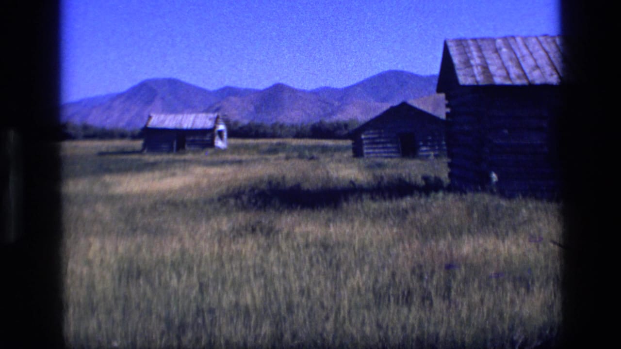 Weathered log cabins in a grassy field with mountains beyond.