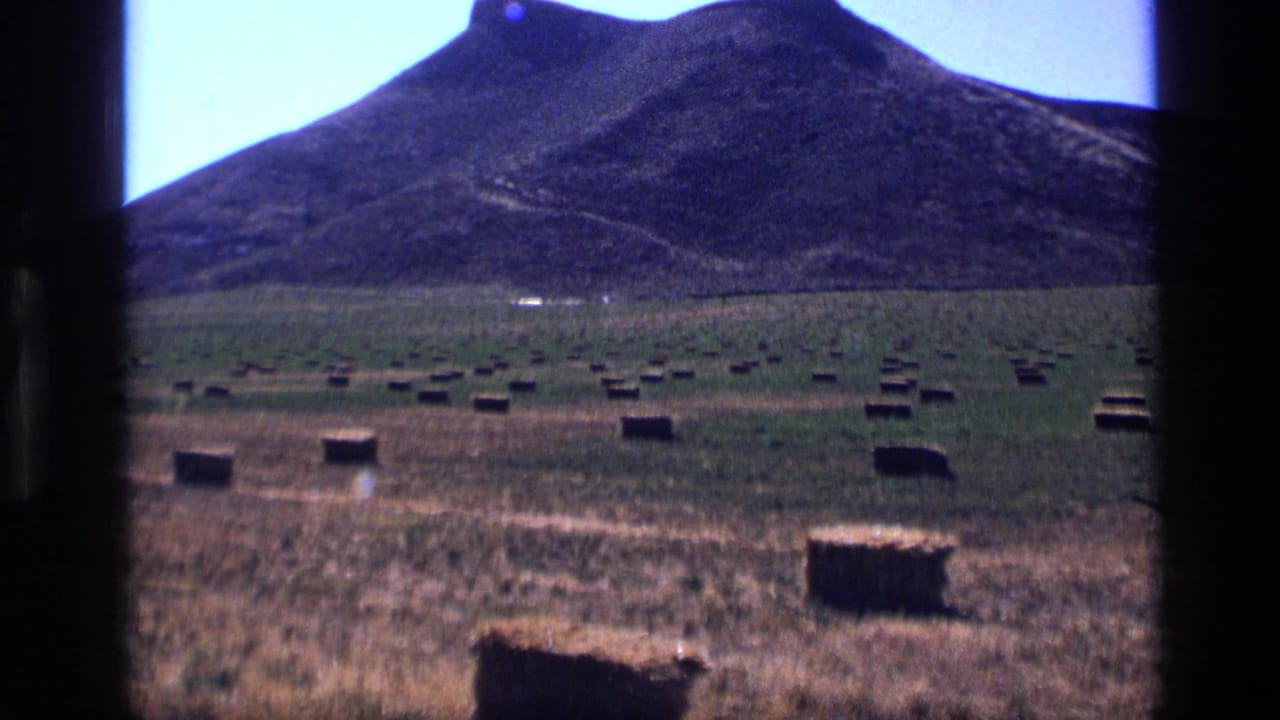 Wide field with square hay bales scattered below a dark hill and bright sky.