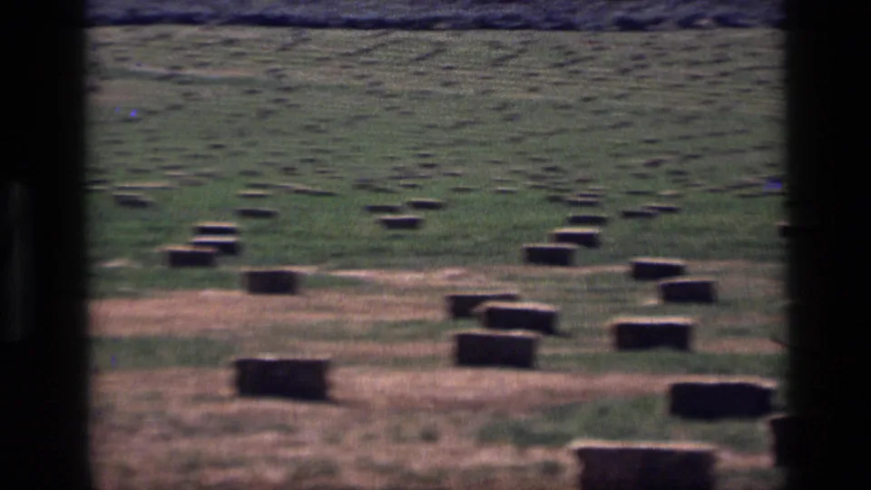 1972 Idaho 8mm frame showing numerous square hay bales across mixed green and dry field, with film grain and dark frame borders.