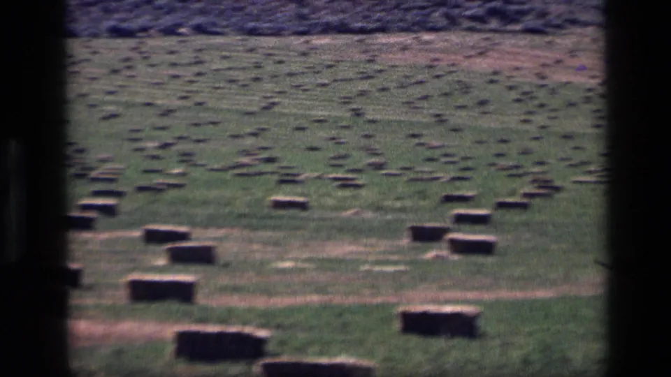 1972 Idaho 8mm view of a green field dotted with rectangular hay bales, partly obscured by dark foreground framing.