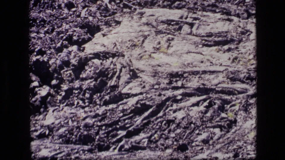 1972 Idaho 8mm frame with rope-like solidified lava, scattered dark stones, and a few small green plants on volcanic terrain.