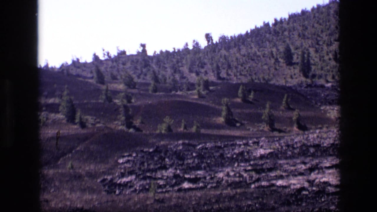 1972 Idaho 8mm frame showing dark rolling terrain, scattered evergreens, a wooded slope, and pale sky.