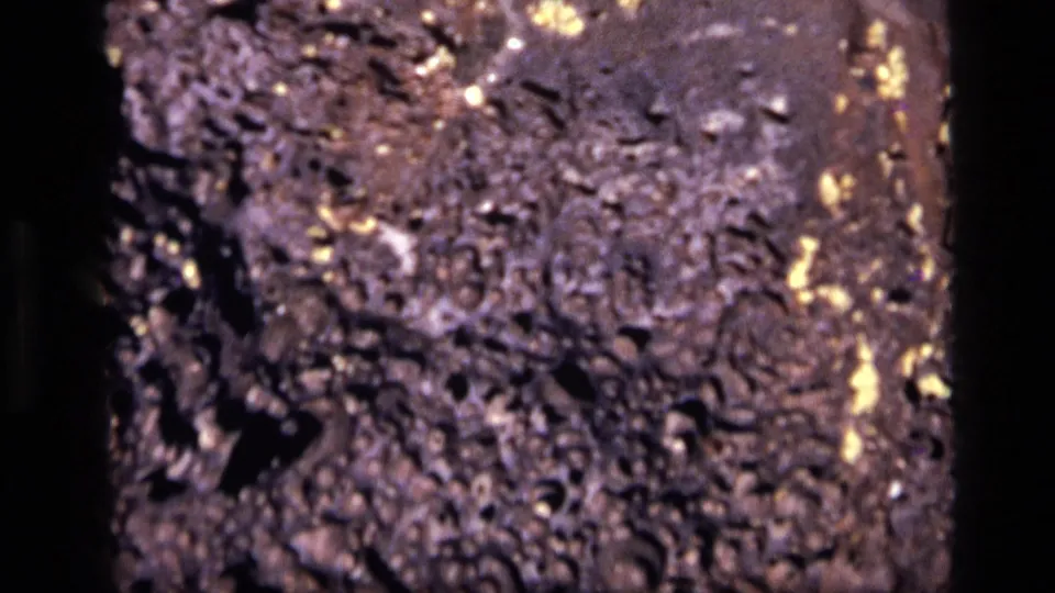 1972 Idaho 8mm frame with a tighter view of rough rock, visible pits, and several bright yellow specks catching the light.