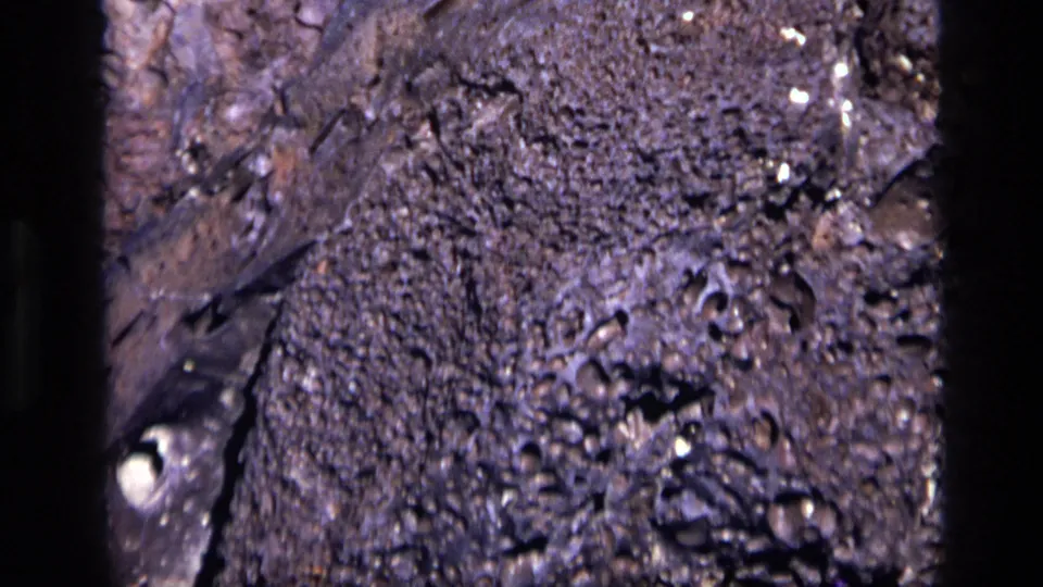 1972 Idaho 8mm close-up of a rough gray-white rock surface with porous texture, pale flecks, and dark cracks.