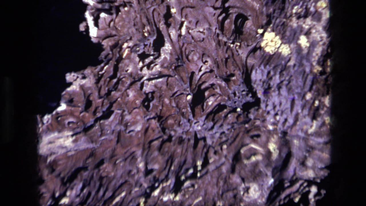 1972 Idaho 8mm frame showing a tight view of rugged dark rock surface with cracks, shadows, and pale natural patches.