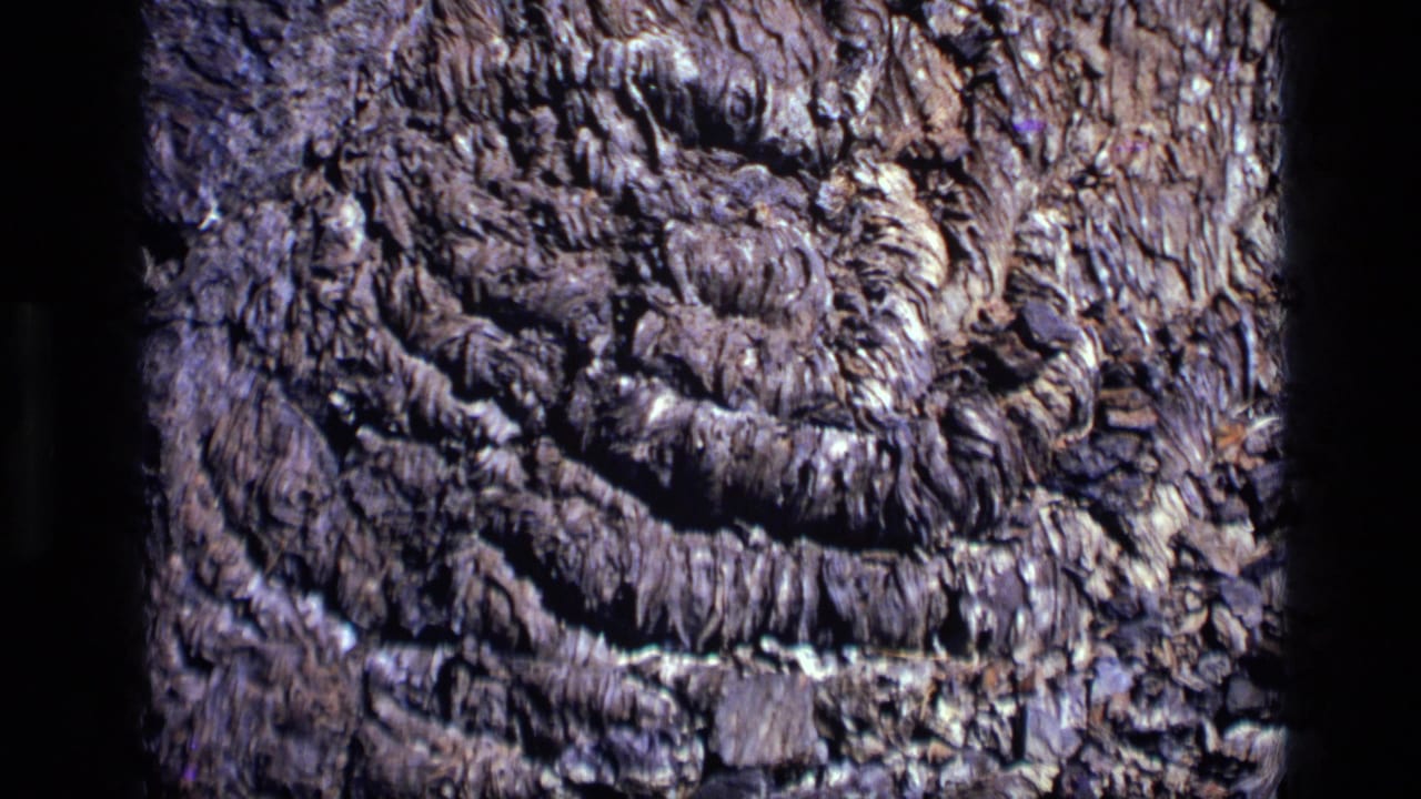 1972 Idaho 8mm close-up of a rough brown-gray rock face with layered ridges, crevices, and soft film grain.