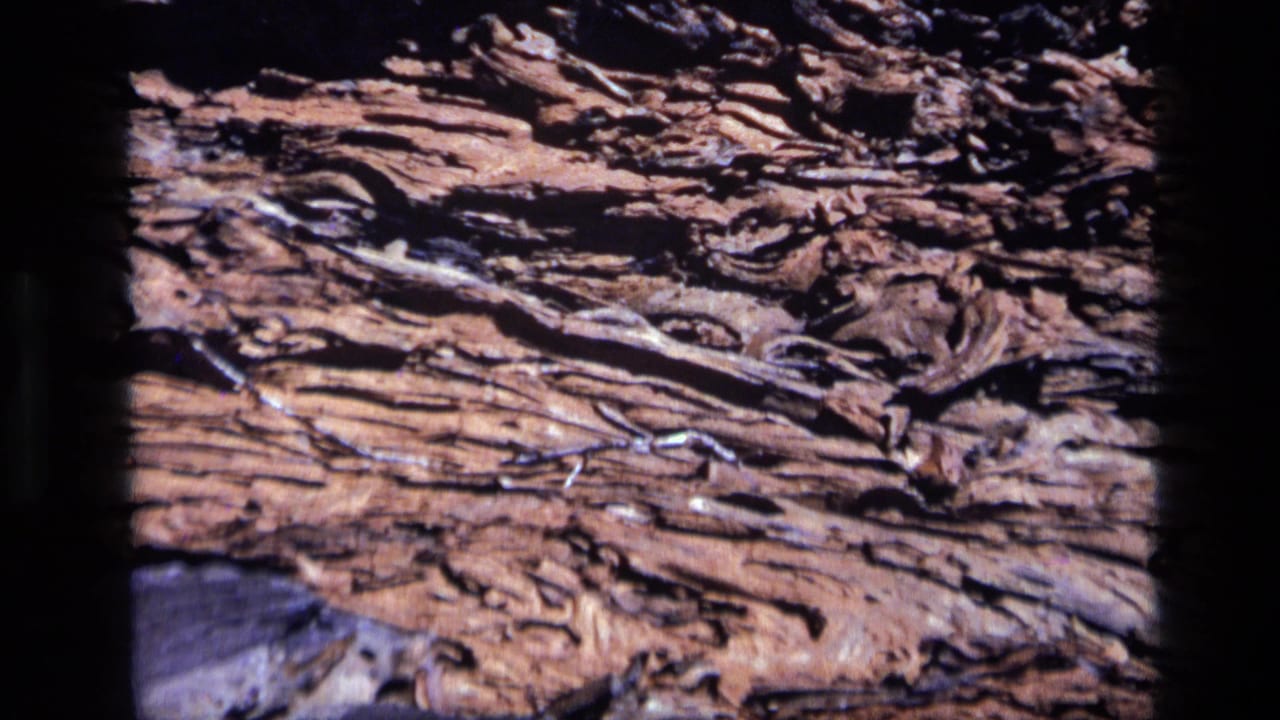 Close view of layered orange-brown rock beneath darker weathered stone.