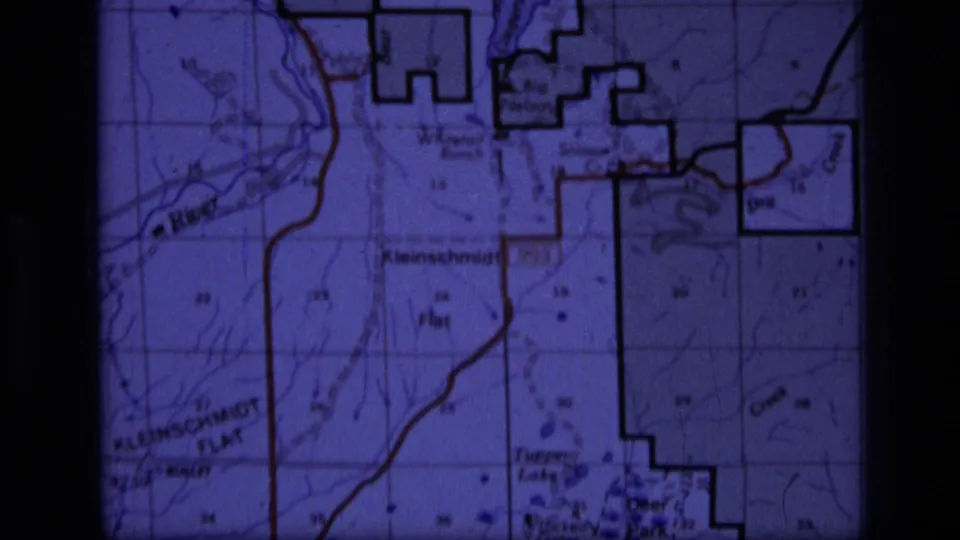 Close view of a Scapegoat Wilderness area topographic map showing boundary outlines, Kleinschmidt Flat, water features, and road markings.