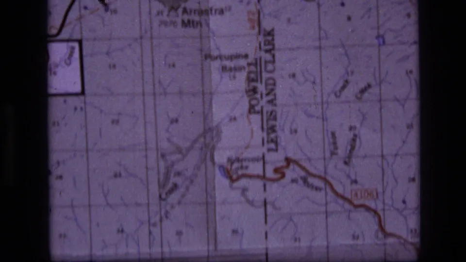 Scapegoat Wilderness area map detail from 1973 footage, with Powell and Porcupine Basin labels and a marked red route.
