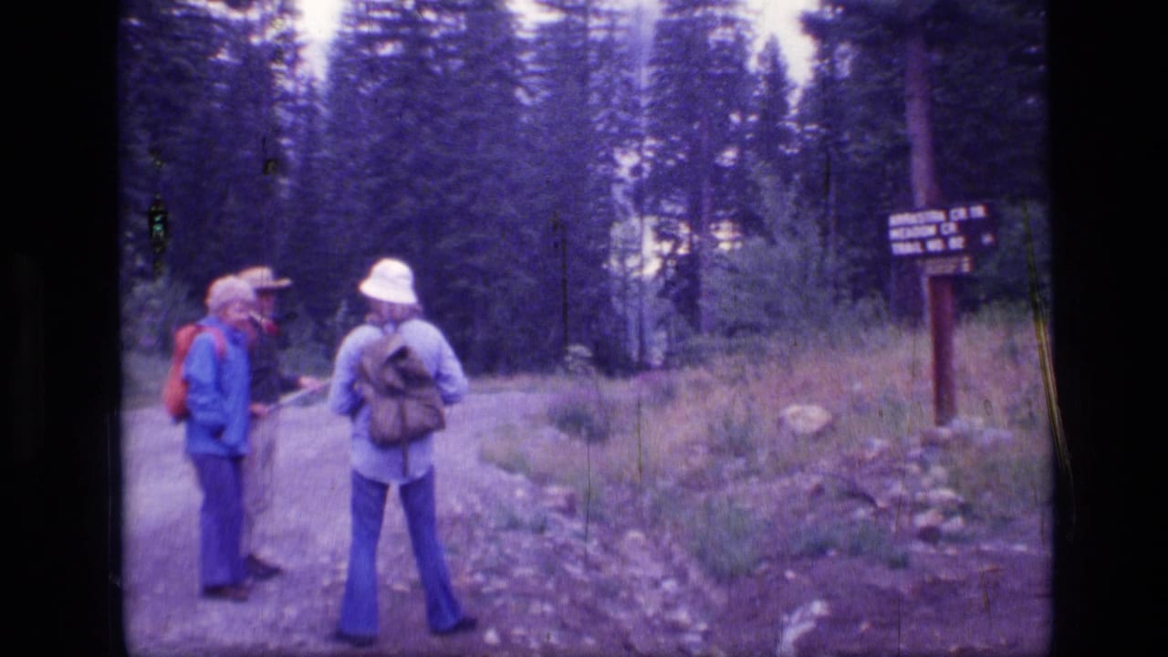 Two hikers in hats and backpacks pause at a signed trail junction in a pine forest, Scapegoat Wilderness, Montana, 1973.