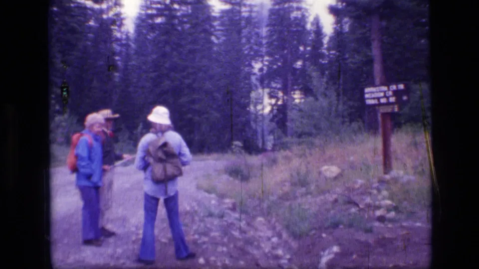 Two hikers in hats and backpacks pause at a signed trail junction in a pine forest, Scapegoat Wilderness, Montana, 1973.