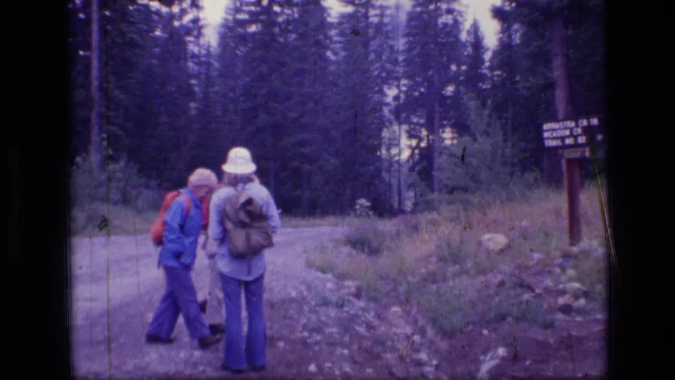 Backpacked hikers walk near a wooden trail sign at a forest junction in Montana wilderness home-movie footage.