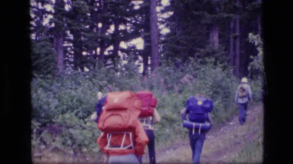 The group of hikers continues away from the camera on a narrow Montana forest trail, with packs and brush filling the frame.