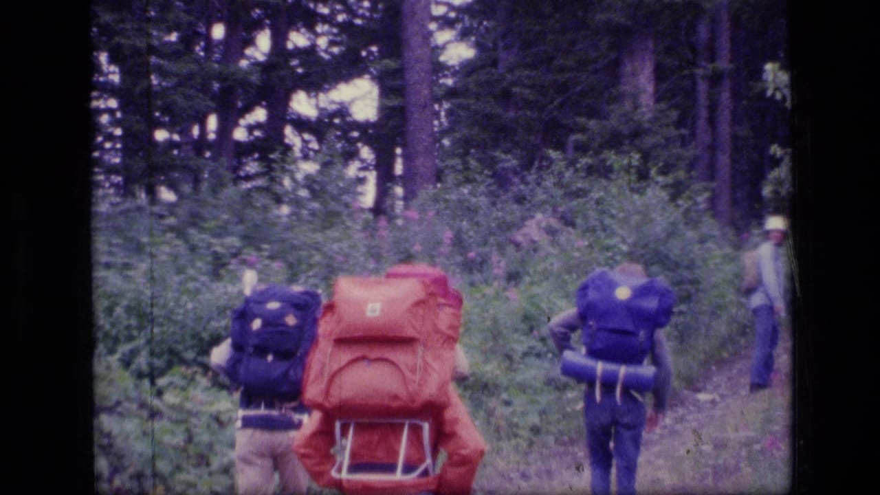 In 1973 Scapegoat Wilderness, Montana footage, hikers with large colorful packs move away through dense forest growth on a narrow trail.