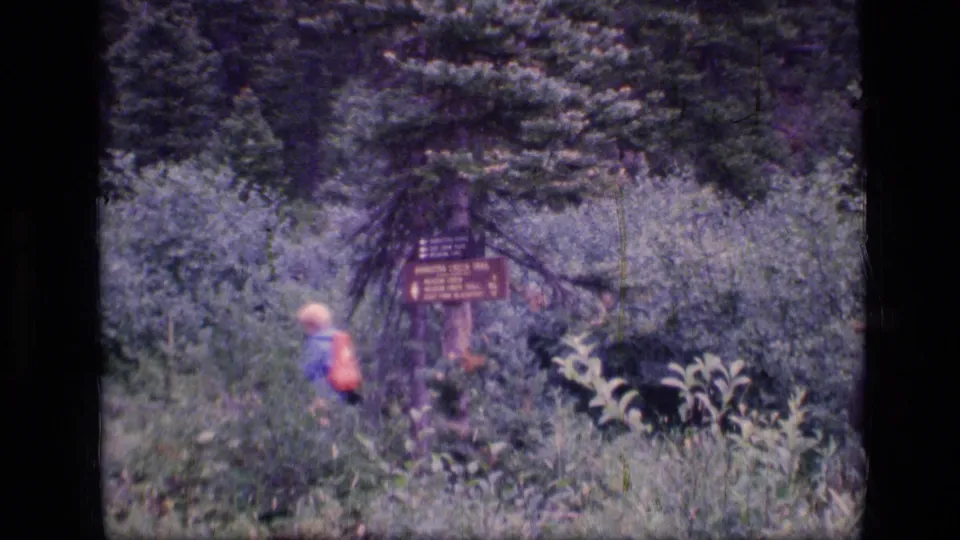 Hiker with a light hat and red pack passes the Amethyst Creek Trail sign in the Scapegoat Wilderness forest setting.