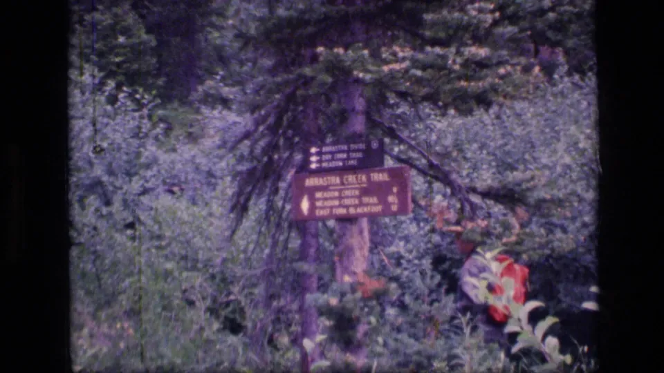 1973 8mm Montana wilderness frame showing a hiker with red backpack beside wooden Arrastra Creek Trail signs in evergreen undergrowth.