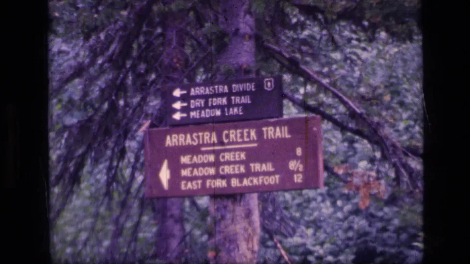 Close 8mm view of the Arrastra Creek Trail junction signs listing Meadow Creek, Meadow Creek Trail, and East Fork Blackfoot mileages.