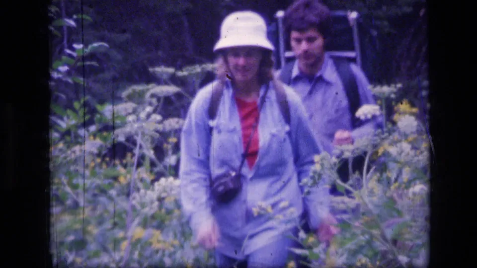 1973 Scapegoat Wilderness frame showing a woman in a light bucket hat ahead of a man with a backpack on a brushy trail.