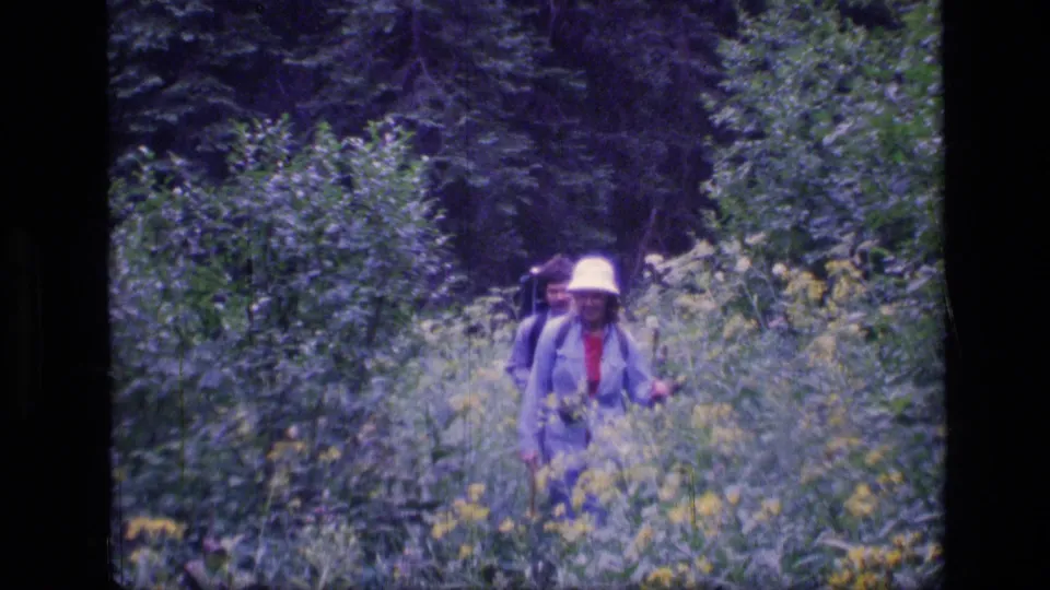 The hiking pair appears deeper in the Scapegoat Wilderness frame, surrounded by tall grass, shrubs, yellow flowers, and dark trees.