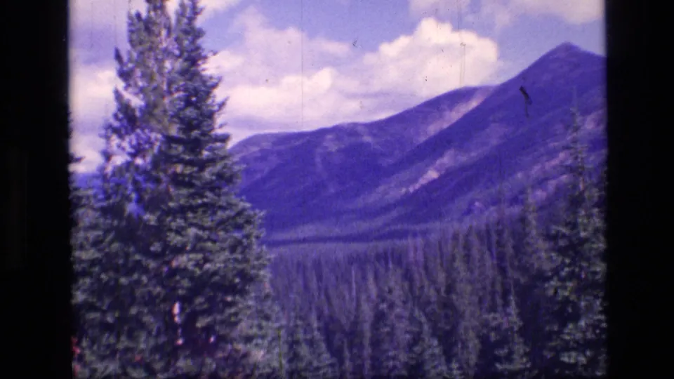 A broad mountain and forest valley view in the 1973 Scapegoat Wilderness 8mm home-movie clip.