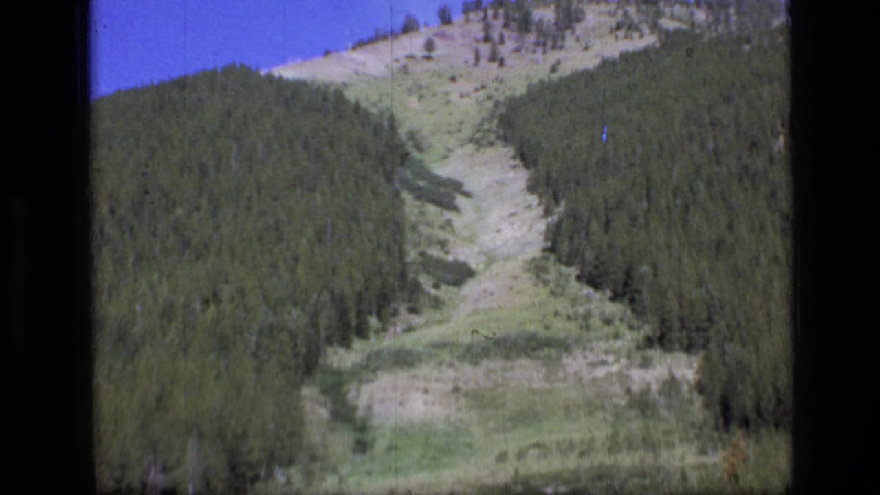 1973 8mm view of Scapegoat Wilderness forested hills with a light-colored cleared slope beneath blue sky.