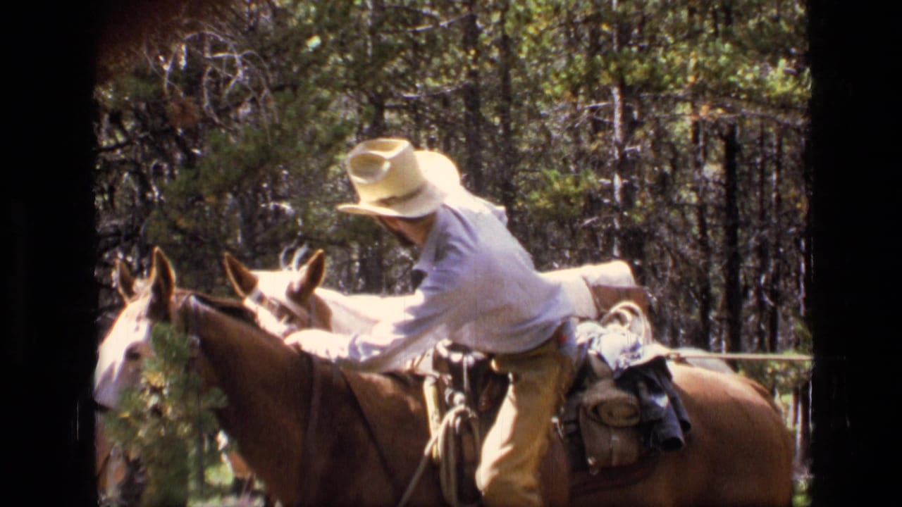Adult rider in a cowboy hat leans over a saddled horse in the Montana forest during a 1973 8mm home movie.