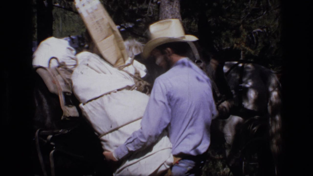 In 1973 Scapegoat Wilderness footage, a man in a cowboy hat handles a white supply sack beside a black horse under trees.