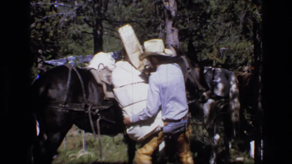 A man wearing a cowboy hat and leather chaps adjusts white supplies on a black horse in the Scapegoat Wilderness setting.