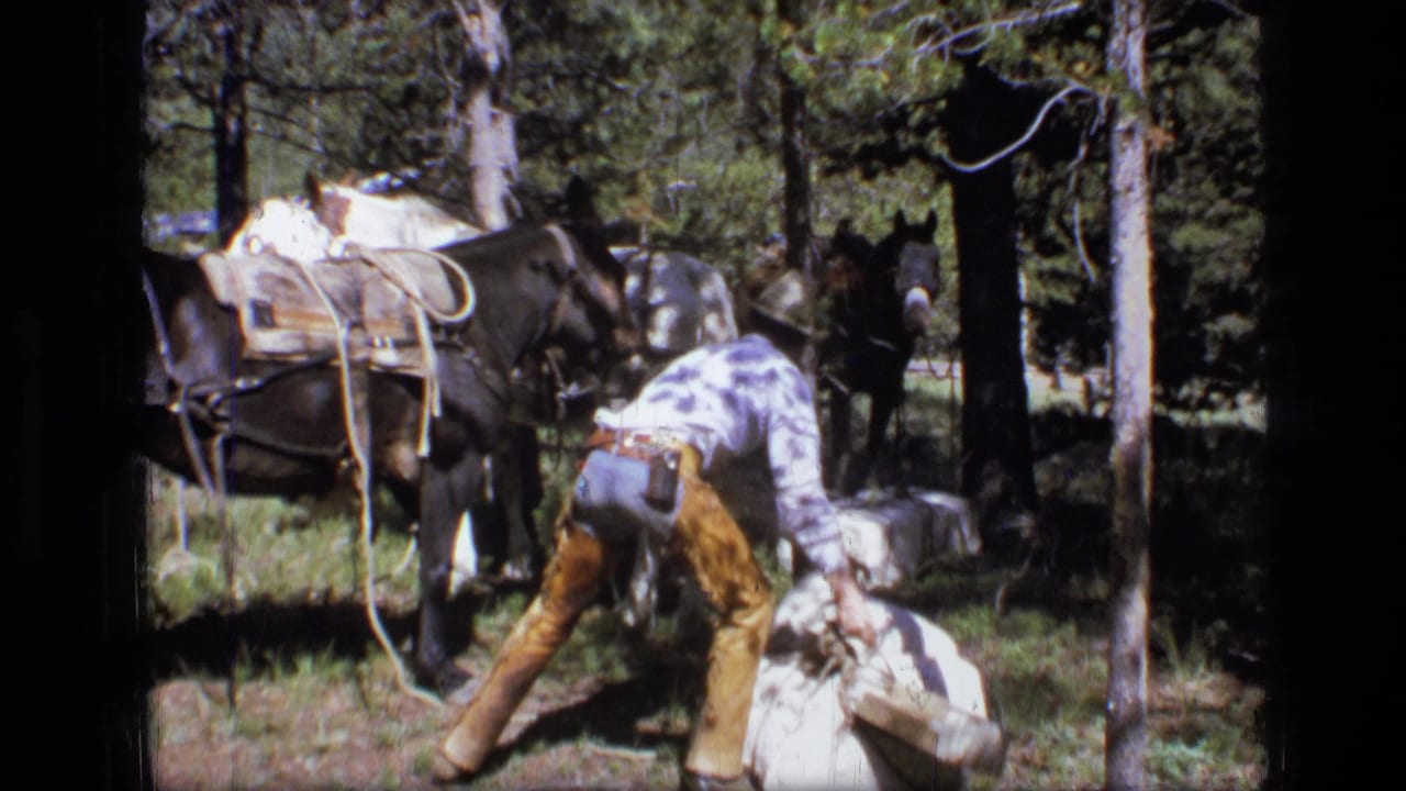 1973 Montana wilderness home-movie frame showing a man bending near a saddled horse and pack gear among pine trees.