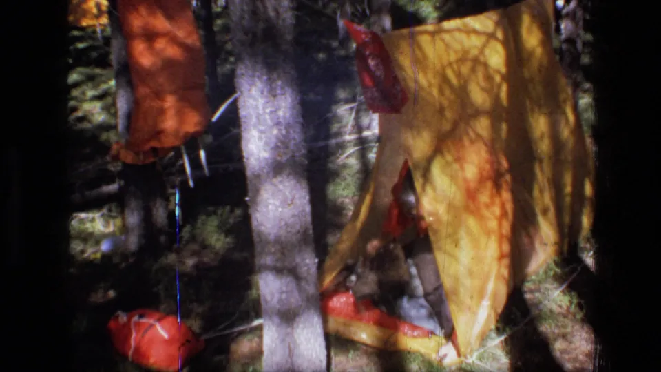 A yellow tarp shelter and hanging orange fabric appear among trees, with red gear placed on the forest floor.
