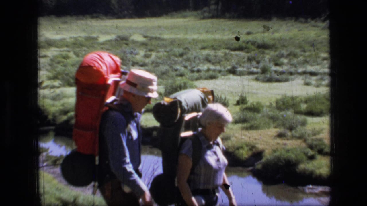 Two hikers with large packs pass near a stream, with meadow grass and dark trees behind them.