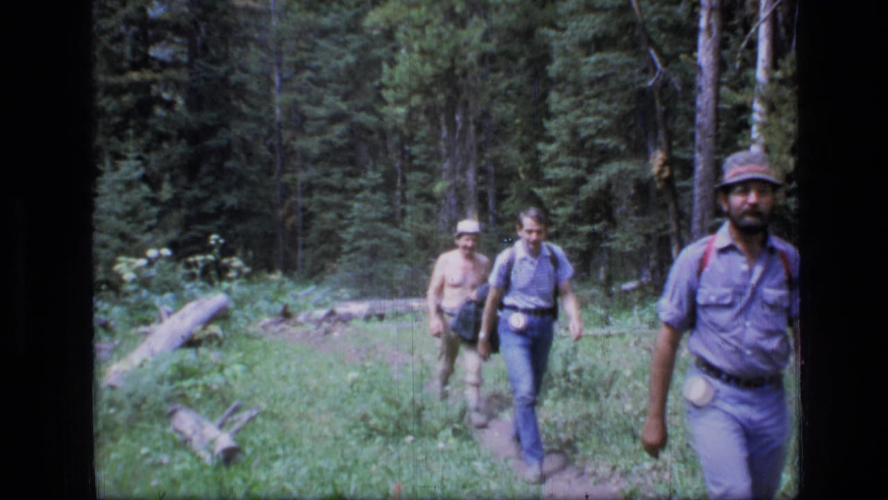Adult hikers in casual 1970s outdoor clothing walk past the camera on a forest trail in Scapegoat Wilderness, Montana.