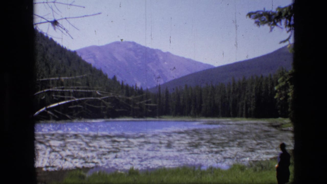 Mountain lake bordered by forest, with a small figure near the right edge.