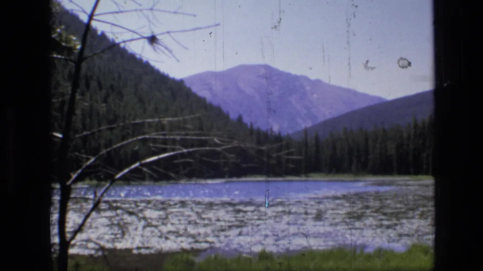 1973 Montana wilderness footage looking across a mountain lake toward evergreen forest and blue-toned peaks, with bare branches in the foreground.