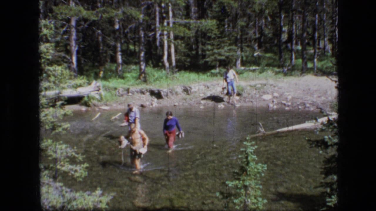 A small group continues across shallow water with trees and a rocky shoreline behind them.