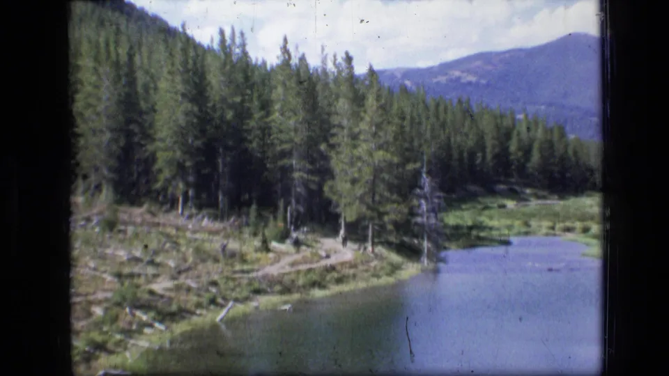 1973 8mm view of Scapegoat Wilderness, Montana, showing a river bend, evergreen trees, a bank path, downed logs, and distant mountain slope.