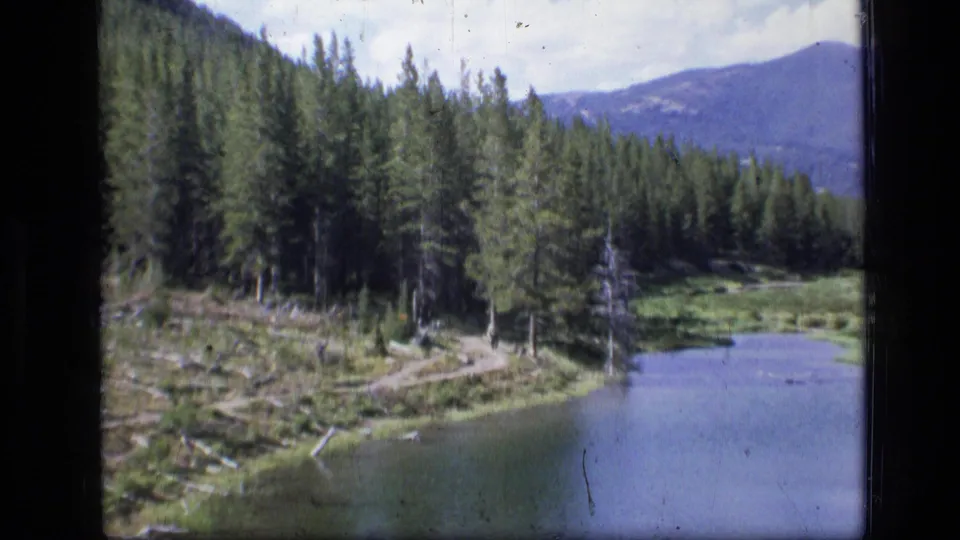 Scapegoat Wilderness landscape on 8mm film, with conifers, a winding bank path, calm water, scattered logs, and a distant mountain beneath clouds.
